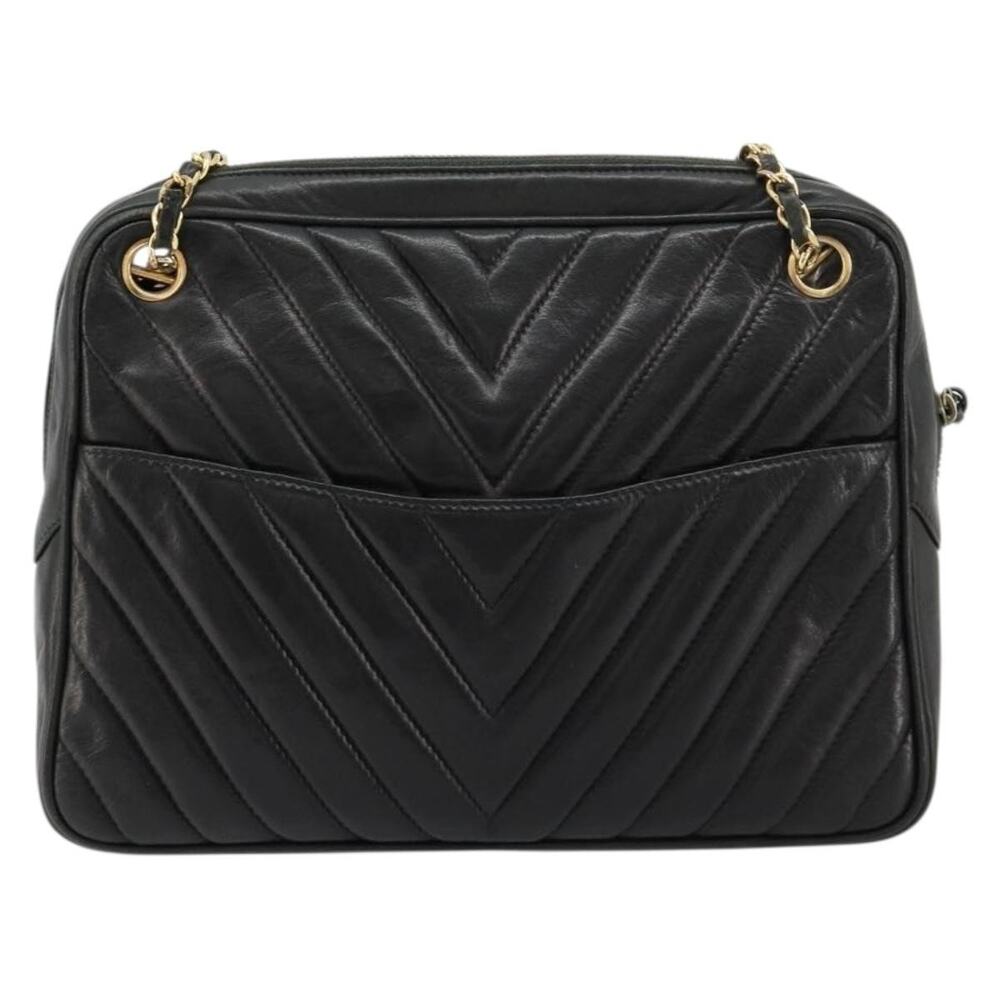 Chanel Lambskin V Stitch Chain Shoulder Bag Black
